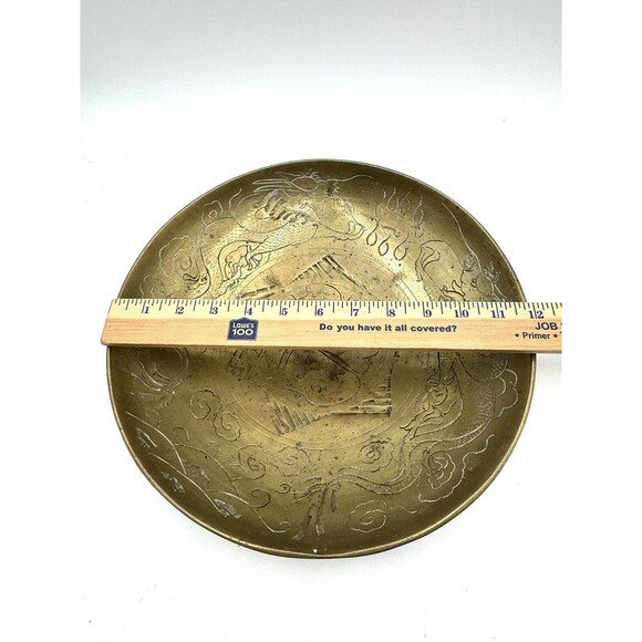Chinese Vintage Brass Dragon Etched Large Decorative Bowl - Picture 6 of 8